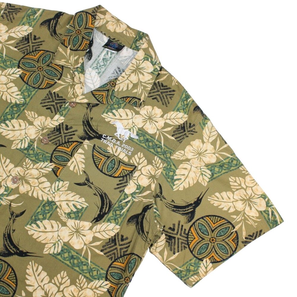 Toucan Dance Large Hibiscus Marlin Tapa Island Pattern Hawaiian Aloha Shirt Tiki - Picture 9 of 11